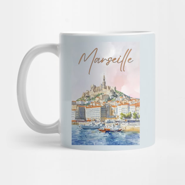 Marseille France - Watercolor Sunset over City by TuncGK